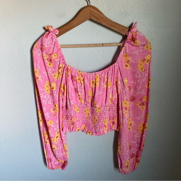 Dee Elly Pink Floral Long Sleeve Crop Top Size Small - Picture 4 of 5